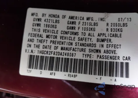 2013 Honda Accord Sdn Ex-L from USA, damaged, VIN 1HGCR2F82DA249087